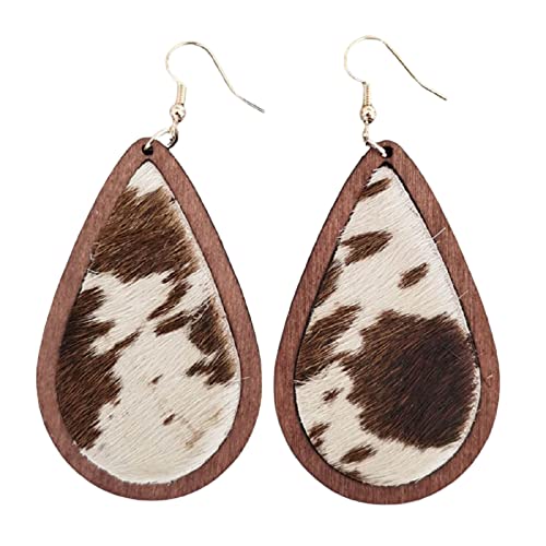 Bohemia Cow Leopard Print Dangle Drop Earrings Lightweight Leather Wood Teardrop Hook Earrings Handmade Hypoallergenic Earrings for Women Cute Holiday Aesthetic Jewelry