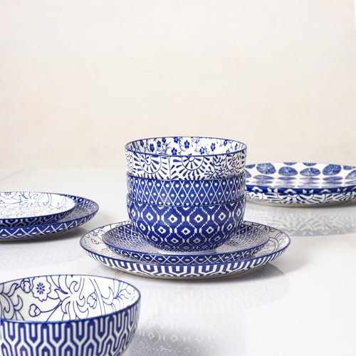 Image of Selamica Ceramic Plates and Bowls Sets,18 Pieces Retro Floral Dinnerware Sets for 6,Dishwasher & Microwave Safe dish set,Family & Holiday Dining, Vintage Blue