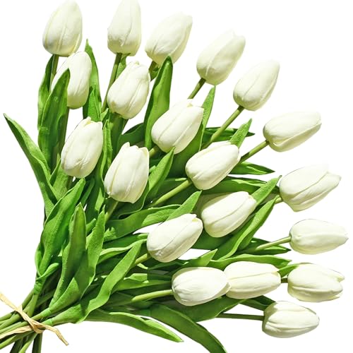 Image of ONLY ART Artificial Cream Tulips 20 Pcs - 13.5 Inch PU Faux Flowers with Bendable Stems for Home Decor, Wedding Centerpieces, DIY Floral Arrangements, New Year and Valentine's Day
