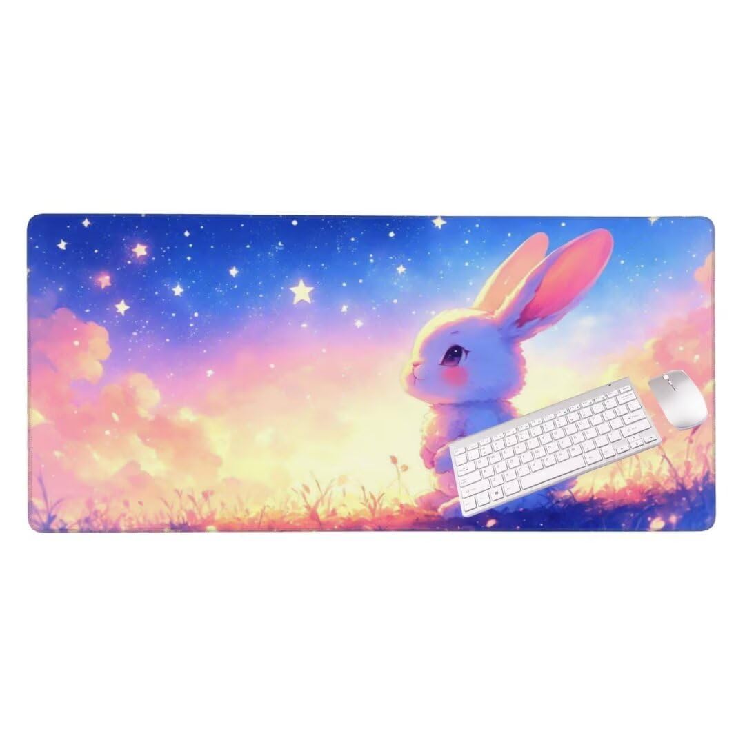 Alfombrilla de ratón 1400x600x3 MM, Alfombrilla Ratón XXL Extendida de Gran Tamaño con Bordes Cosidos, Base de Goma Antideslizante Almohadilla para Teclado, Conejo Estrellado S-11843