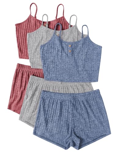 Image of Ekouaer 3 Sets for Women Ribbed Pajamas Crop Cami Top and Shorts Pjs Casual Sleeveless Button Lounge Set Sleepwear