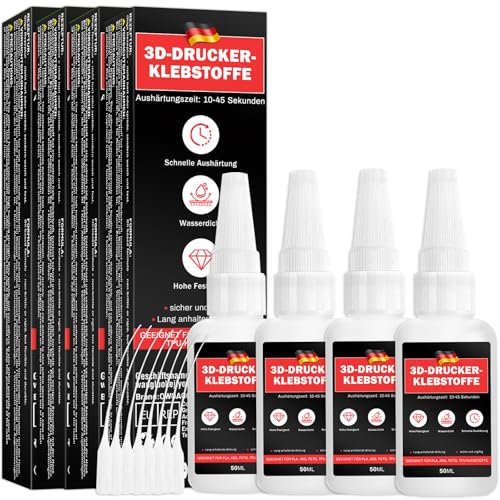 50g 3D Druck Kleber, Sekundenkleber extra stark,mit Anti-Verstopfungskappe,Wasserfest,PLA-Kleber,verwendbar zum Kleben von Plastik,Kunststoff,Glas,Holz,Stein (4 Stück)