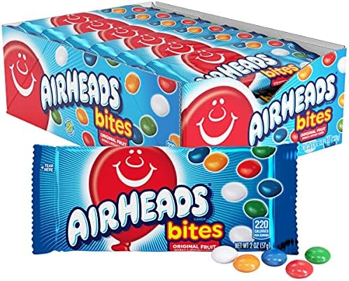 Airheads Candy Bites, Assorted Fruit Flavor, Non Melting, Halloween, Movie Theater, Party, Concessions, 2oz Packs, Box of 18 Packs
