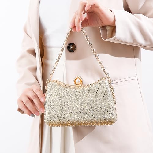 Image of Women's Clutch Crystal Rhinestone Purse With Chain Pearl Clasp Evening Wedding Diamond Handbag