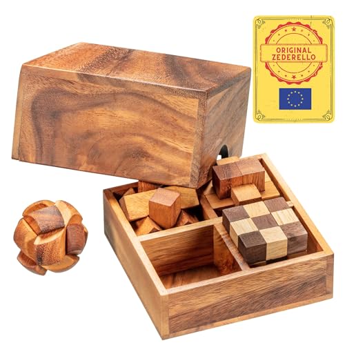 Caja de juego de rompecabezas Zederello con 4 juegos de lógica en embalaje de madera, juego de rompecabezas con rompecabezas, pensamiento, colección de rompecabezas, rompecabezas 3D