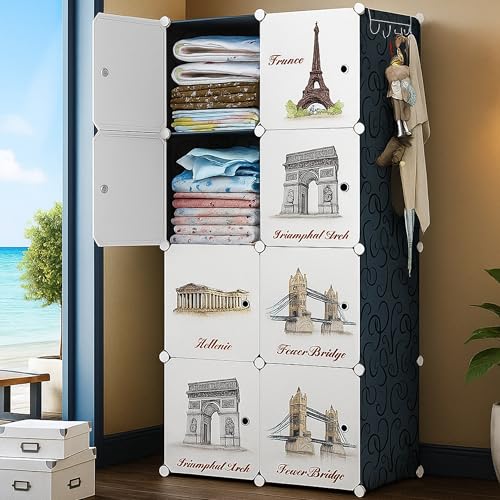 Image of AYSIS Kids Plastic Collapsible Wardrobe Organizer for Storage | Cute Cartoon Design | Heavy Duty Cloth Organizer for Storage | Easy to Assemble | Perfect for Kids Room & Home | Black