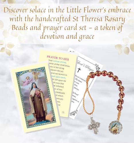 Little Flower Rosary Beads - St Therese Prayer Card, The Lord's Prayer - Brazilian Hand Crafted One Decade Rosary - Catholic Cards Set2