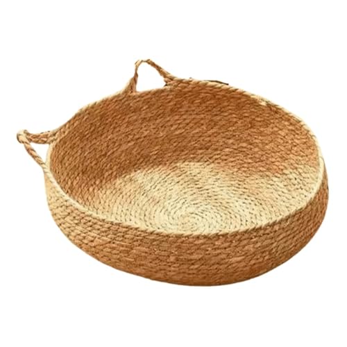 Lavwacd日本の猫ケージベッド、手編みのガマ籐、クッション付き、天然で通気性があり、すべての季節に適しています (ガマのベッド,S)