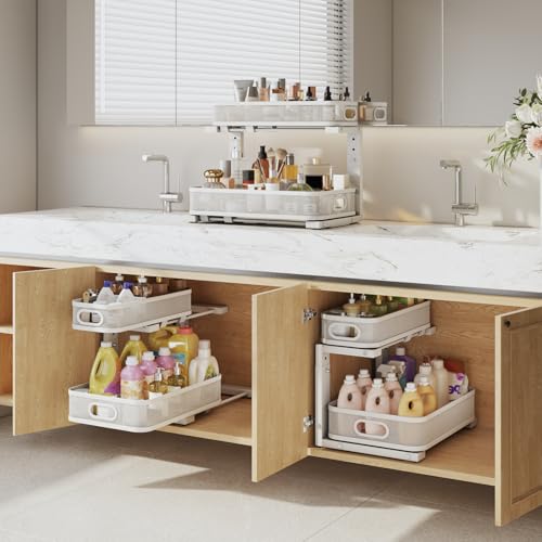 Image of 2 Pack Under Sink Organizer With Smooth Cylindrical Rail,2-Tier Pull Out Multi-Purpose Cabinet Storage for Bathroom&Kitchen,Height Adjustable,Rust-resistant Coating-White