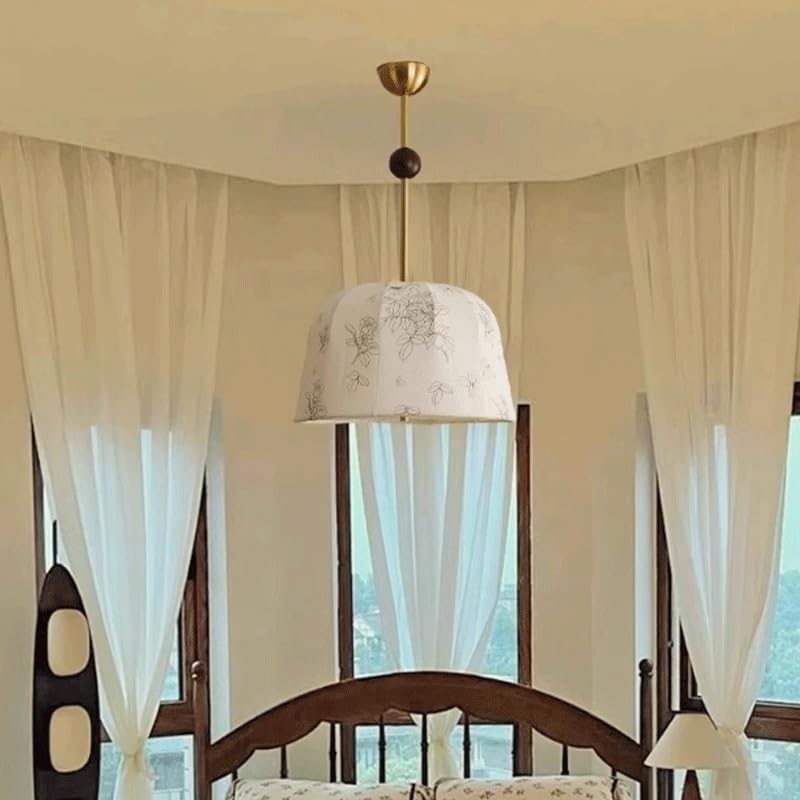 Fabric Art Printing Round Pendant Light French Retro Bedroom Hanging with E27/26 Base Three Color Dimmable Lamp for Living Room Dining Bedside Study image 4