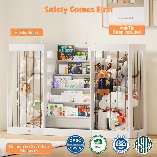 Image of NACHES Montessori Kids Bookshelf with Enclosed Toy Storage, Dual Mesh Bins for Stuffed Animals, Front-Facing Book Organizer for Toddlers Playroom Bedroom (White)