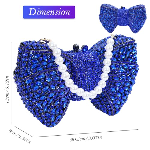 Image of Handmade Inlay Rhinestone Bow Clutch Bag for Women, Sparkling Evening Party Wedding Purse with Detachable Pearl Chain