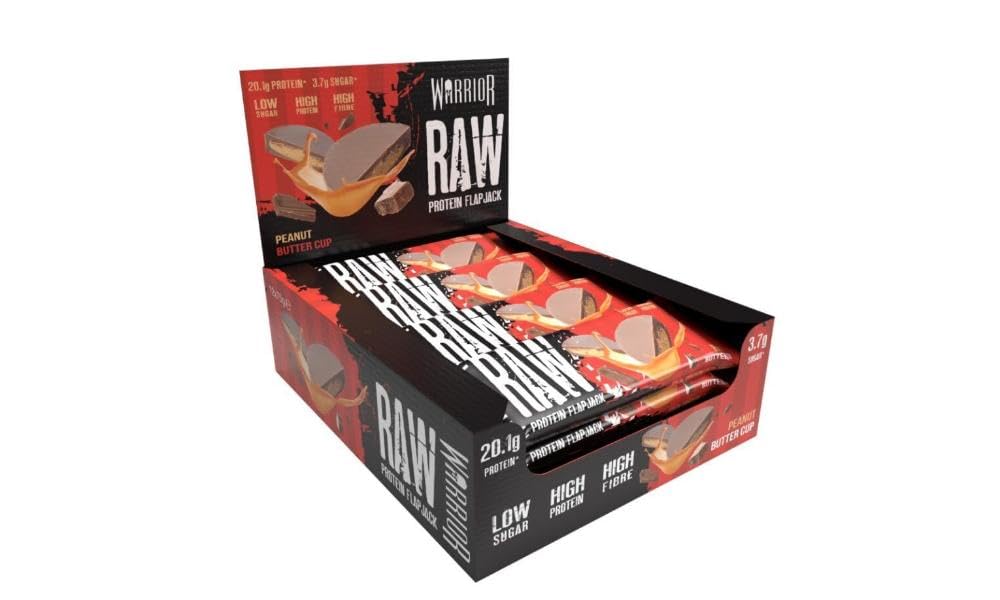Warrior Raw Protein Flapjacks – 12 Bars x 75g Each – Packed with 20g of Protein – Low Sugar, High in Fibre (Peanut Butter Cup)