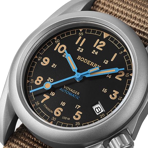 Image of BODERRY Men's Watch Titanium Automatic Field Watch 40mm Military Watch Day Date Function 100M Waterproof with Titanium Bracelet Japanese Mechanical Movement & Screw Down Crown-Voyager