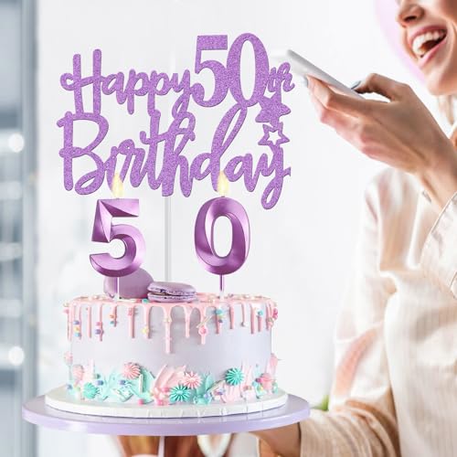 50th Birthday Decorations for Women Purple with 50th Birthday Sash and Crown, Cake Topper and Candles, Number Balloons, 50 Year Old Gifts for Women by YeohJoy - Used condition - Image 4