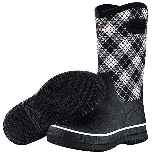 HISEA Rain Boots for Women, Womens Neoprene Barn Boot Rubber Garden Shoes, Waterproof Mid Calf Mud Boots for Outdoor Farm Work, Plaid, Size 9