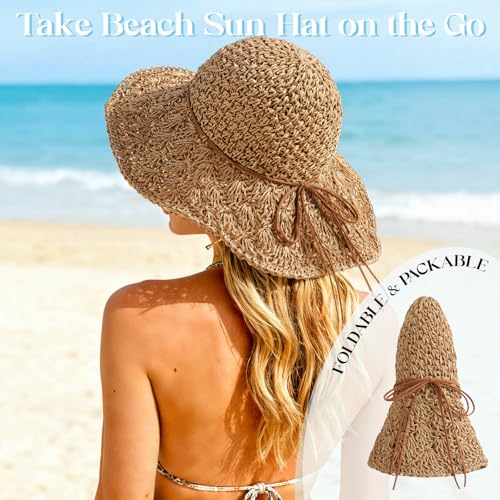 Image of Beach Sun Straw Hats for Women, Floppy Wide Brim Summer Straw Hats, Foldable Packable Roll up Cap