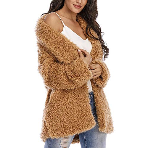 Women's Fuzzy Fleece Jacket Lapel Open Front Long Jackets Faux Fur Sherpa Cardigan Coat With Pocket (Khaki,S) #TOP1