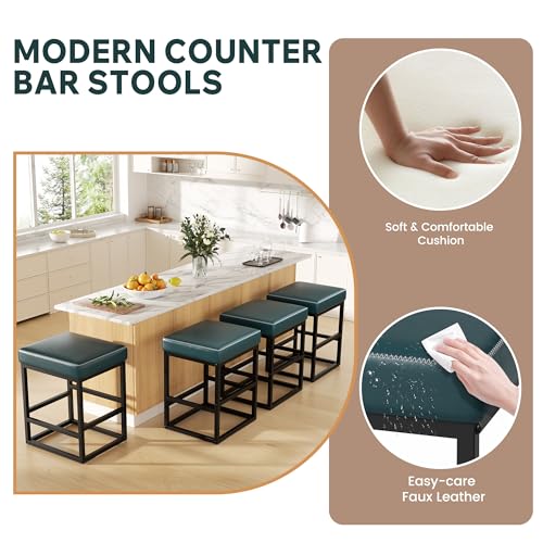 Image of Bar Stools Set of 6, 24in Counter Height Barstools, Faux Leather Counter Stools with Thick Square Seats & Sturdy Metal Base, Modern Bar Chairs for Kitchen Island (Navy Blue)