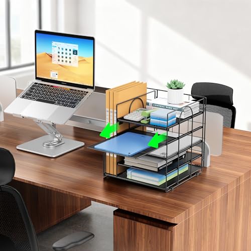 ADO04 Metal Mesh Desk Organizer, 5-Tier Paper Letter Tray with File Holder, Vertical Magazine/File Holder, Desktop Organizer for Office Supplies (Black) image 6