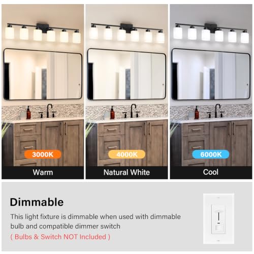 Image of FonmYim Black Bathroom Light Fixtures, 6-Light Modern Vanity Light Over Mirror, Wall Sconces with Milky White Frosted Glass Shades, E26 Socket (Bulbs Not Included)