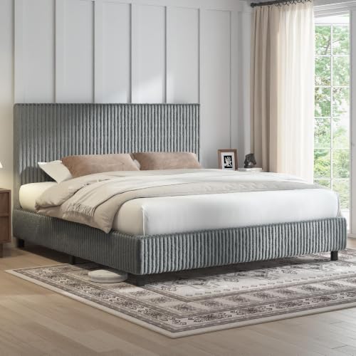 Image of AMERLIFE King Bed Frame, Upholstered Metal Platform Bed with Vertical Channel Tufted Headboard, Soft Fabric & Strong Metal Slats, No Noise Easy Assembly, Grey King Upholstered Bed and Headboard