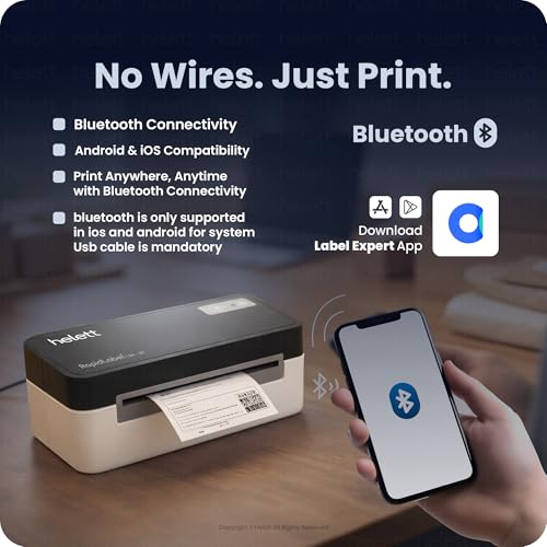 Image of helett RapidLabel Lite BT Label Printer Machine | Bluetooth Thermal Printer 4x6 Shipping & Barcode Labels | USB + Wireless, 203 DPI, 152mm /s | Android, iOS, Windows, Mac | Inkless, No Seller Flex