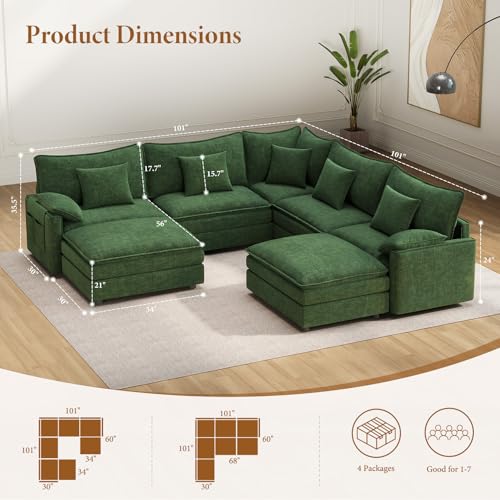Image of Vesgantti 101 inch V-Shaped Corner Couch Sectional, 7 Seat Customizable Modular Cloud Couches with Movable Ottoman, Chenille Deep Seat Sofa Set with Chaise for Living Room, Bedroom and Apartment, Green