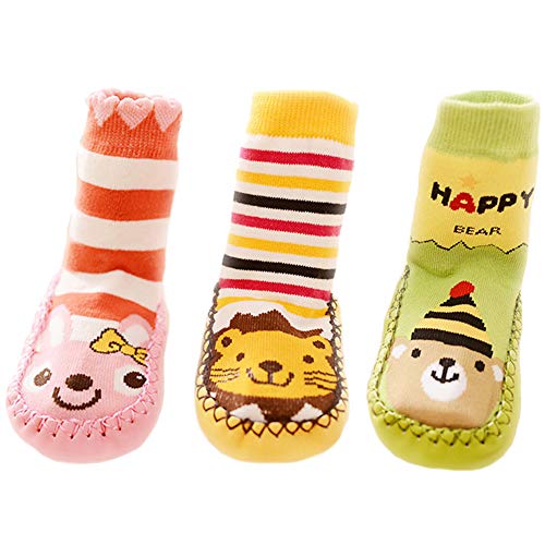 BOMPOW Baby Socks 3 Pack Toddler Kids Anti-slip Slipper Socks for 0-24 Months Boys Girls(Baby Girls Socks, 0-6 Months)
