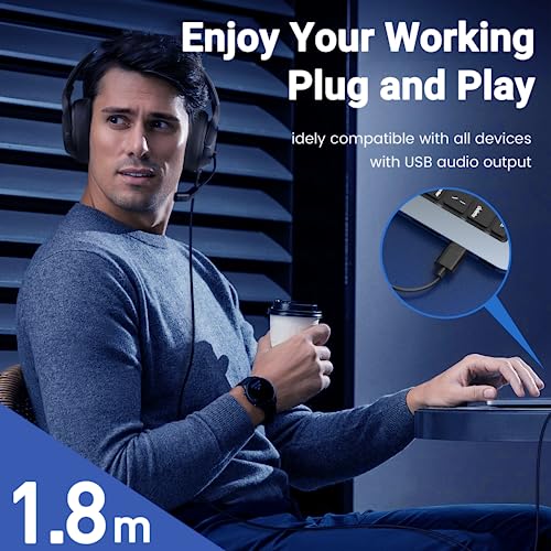 Image of Headset with Microphone for PC, USB Computer Headsets AI-Powered Environmental Noise Cancelling Headphone with Busylight, Mic Mute Boom & Volume Control, Wired Over-Ear Headset for Laptop /Work /Office