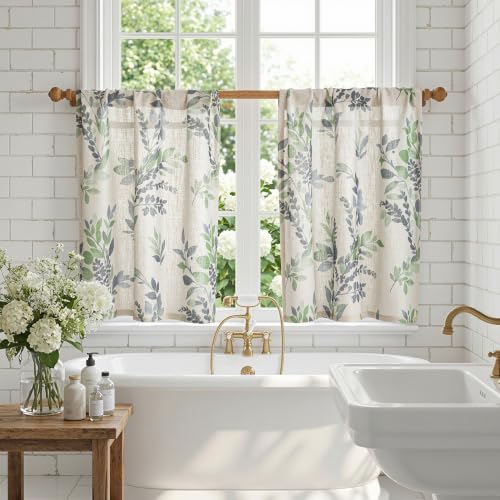 Image of MYSKY HOME Linen Tier Patterned Curtains Over Sink 36 Inch Long Set of 2 Light Filtering Privacy Half Window Curtains with Rod Pocket for Kitchen, Cabinet, Basement, Camper, Green, 30 inch W Each Panel
