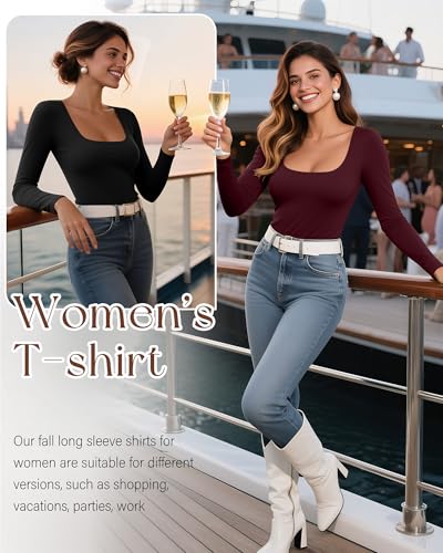 Huukeay 5 Pack Square Neck Tops for Women Multipack Long Sleeve Layer Shirts Cotton Fitted Casual Fall Basic Tee4