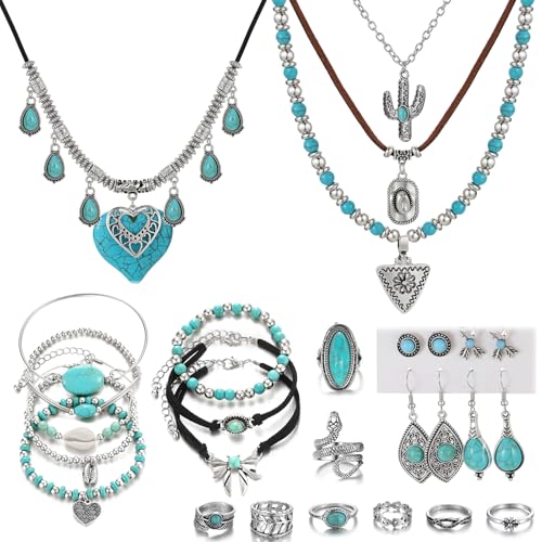 KISS WIFE Western Jewelry Set for Women, Turquoise Vintage Silver Western Necklaces Bracelets Earrings Rings Bohemian vacation Beach Jewelry Sets Gifts for Women
