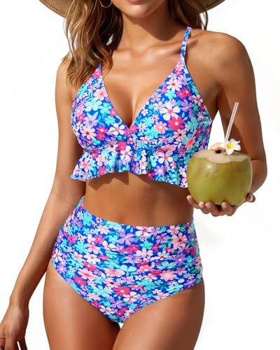 Image of Women Ruffle Bikini Set High Waisted Tummy Control Two Piece Swimsuits | Ruffle,High Waisted,Tummy Control,Removable Bra Pads,Adjustable Shoulder Straps,Full Coverage