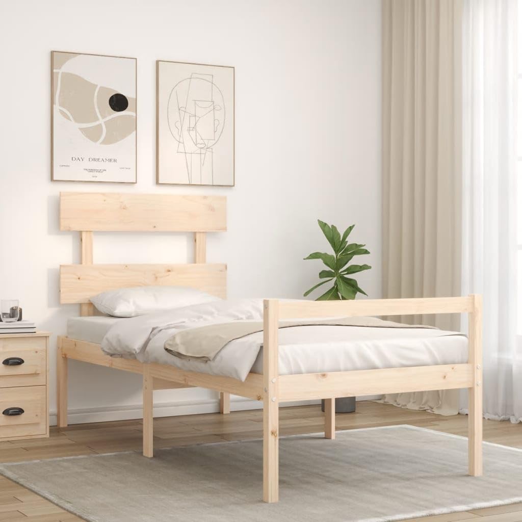 Massives Kiefernholz Seniorengerechte Sitzhöhe Standard 90x200 cm Braun | Seniorenbett mit Kopfteil Massivholz 90x200 cm Kiefer Bettgestell mit Stauraum für Senioren