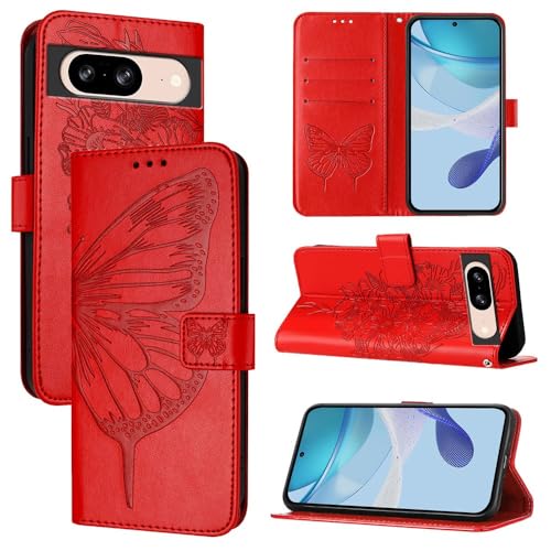 Étui Google Pixel 6A rouge housse portefeuille en cuir à rabat papillon