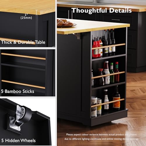 Merax Modern 3 Piece Rolling Kitchen Island on Wheels with 2 Bar Stools, Wood Kitchen Cart with Drop Leaf & Power Outlet & 2 Drawers, 2 Tall Bar Stools, Black by Merax - Image 5