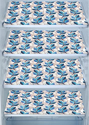 Image of Polyester 3-Layered Fridge Top Cover /Refrigerator Cover with Utility Pockets and Set of 4 Pc Fridge Mats (Color- Leaf Blue, Size-39x21 Inches)