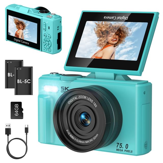 LAMA Digitalkamera, Mini Digitalkameras 4K 64MP Fotokamera mit 64G SD-Karte, Kompaktkamera 3,0 Zoll 180° Flip-Screen 18X Zoom Digital Kamera, Fotokamera für Kinder Teenager Anfänger (Blau)