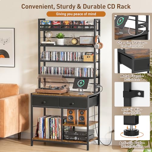 ikkle-Tall-CD-Rack-with-Power-Outlet-Drawers-8-Tier-DVD-Storage-Shelf-Media-Storage-Cabinet-for-CDsDVDs-Vinyl-Records-Books-Games-Ideal-for-Living-Room-Home-Office-315x157x706-in-Brown