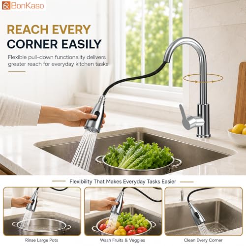 Image of BonKaso Stainless Steel Kitchen Sink Mixer Tap with Pull Down Sprayer, 360 Degree Swivel Kitchen Faucet with Dual Spray and Stream Modes, Rust Proof Deck Mount Pull Down Tap for Kitchen Sink, Silver
