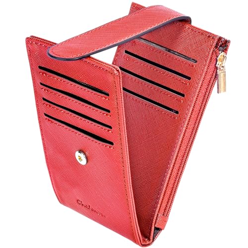 Chelmon Womens Walllet Slim RFID Blocking Bifold Multi Card Case Wallet with Zipper Pocket (Red)