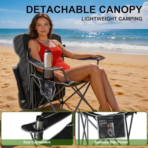 Image of Romswi Large Folding Canopy Camping Chairs for Adult 2 Pack, Portable Outdoor Chairs with Sunshade,Cup Holder & Side Pocket for Camping, Fishing, Beach, Backyard, Black