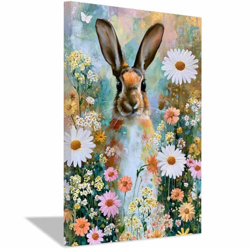 Peinture de lapin fleur sauvage sur mur art encadrée 30x45
