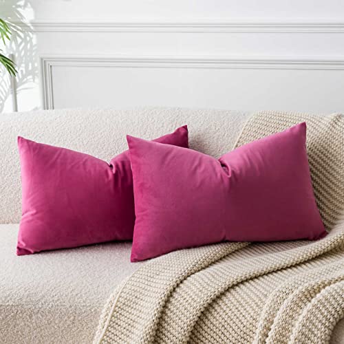 Image of 12x20 Lumbar Throw Pillow Covers Set of 2 for Couch Bed Sofa,Rose Red | Decorative Soft Velvet Cushion Covers with Invisible Zipper for Living Room Bedroom Home Decor