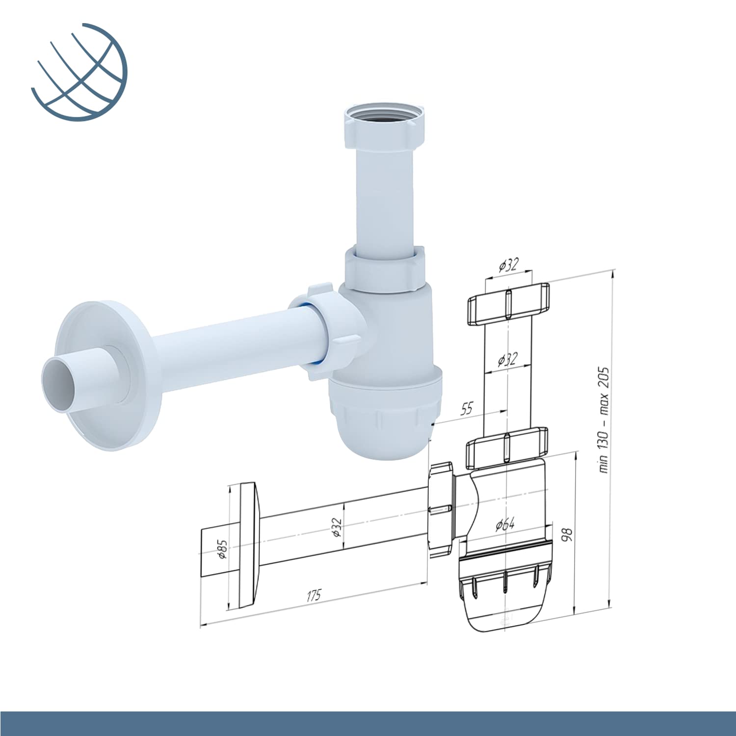 Planetmöbel Sifone per lavabo e lavabo, scarico in plastica bianca, sifone tubolare 1 1/4