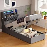 okwish Polsterbett 90x200 cm mit LED und USB, Kopfteil mit Stauraum, Hydraulisches Bett mit...