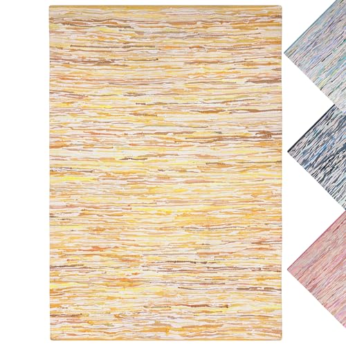 MY-RUG Handgewebter Flickenteppich aus Baumwolle | Fleckerlteppich in Handarbeit gewebt | Boho Teppich | bunter Kinderteppich, weich & strapazierfähig | Baumwollteppich | Gelb Gold, eckig 140 x 200 cm