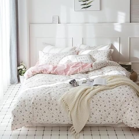 VClife Queen Cotton Duvet Cover Pink White Floral Bedding Sets, Vintage Style Flower Branches Pattern Duvet Covers with Zipper Closure- 1 Duvet Cover and 2 Pillow Covers, Breathable Lightweight Cover