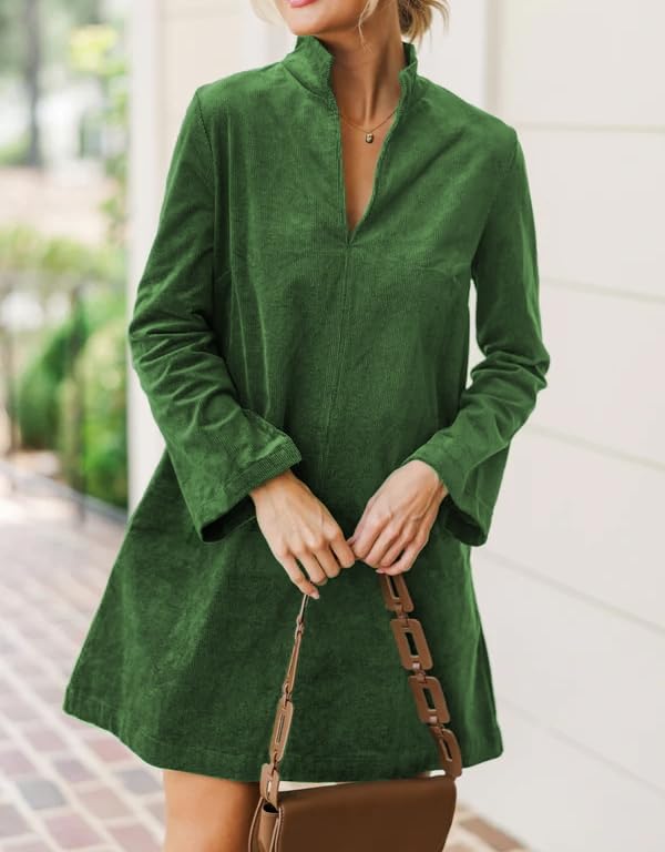 Women Corduroy Dress V Neck Long Sleeve Casual Vintage Retro A Line Mini Dresses4